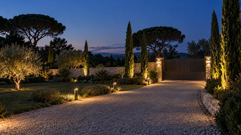 Éclairage extérieur LED d’une allée et d’un portail, la nuit