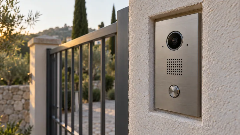 Platine de rue de visiophone encastrée dans un pilier de portail