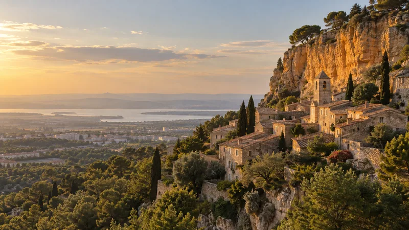 Village perché provençal au pied de son rocher, vue sur la plaine